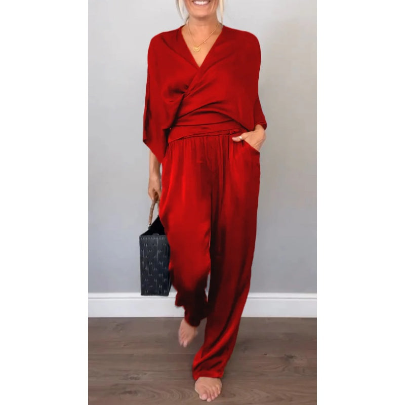 Zelda | 2 Piece Set V-Neck Wrap Top Wide Leg Pants