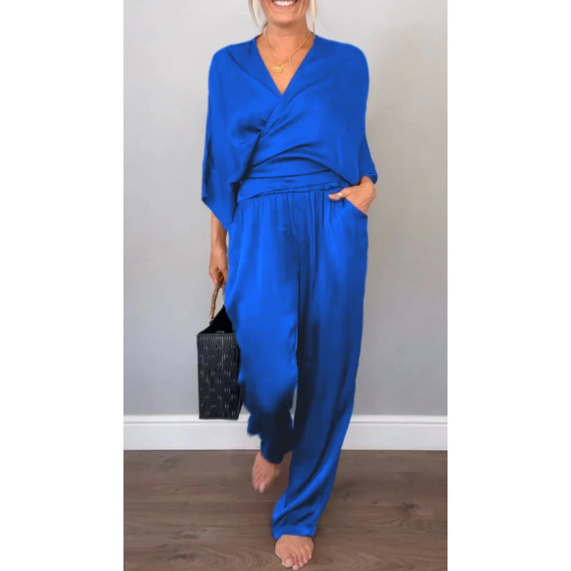Zelda | 2 Piece Set V-Neck Wrap Top Wide Leg Pants
