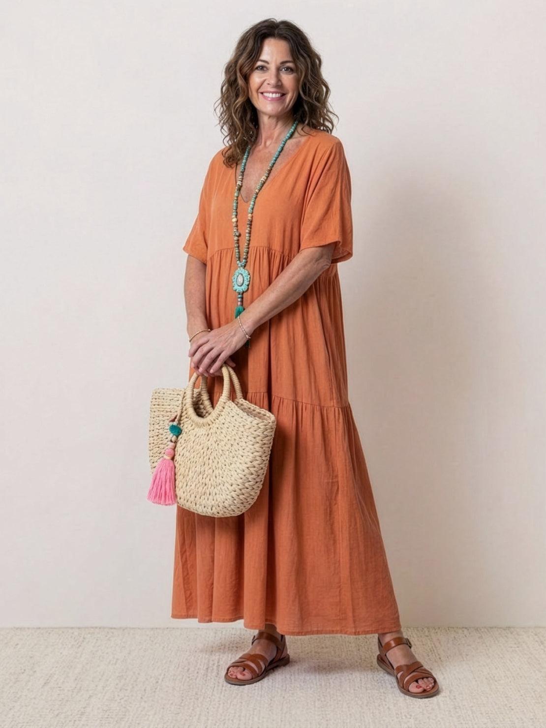 Paula | Women’s Vintage V Neck Tiered Maxi Dress