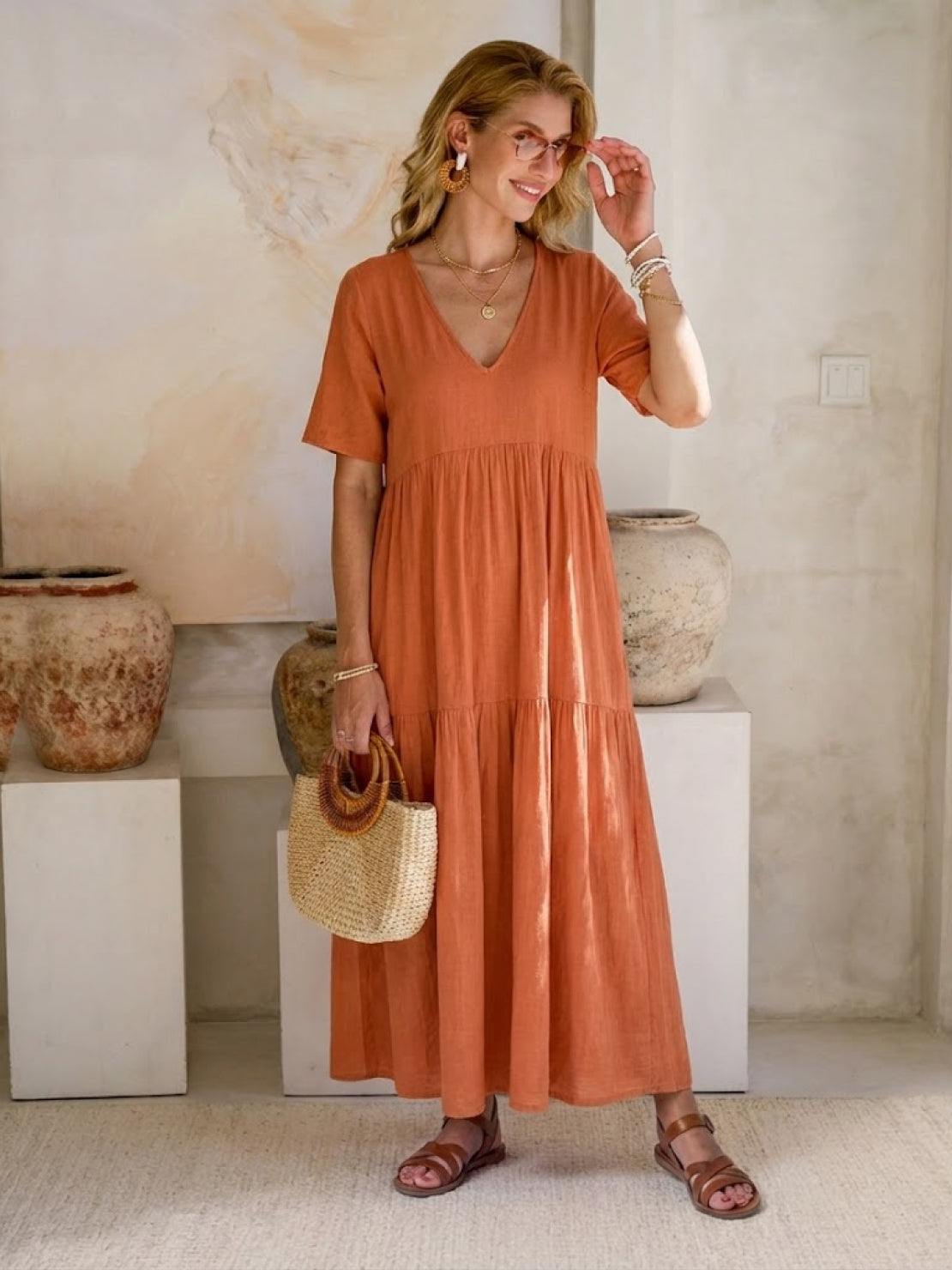 Paula | Women’s Vintage V Neck Tiered Maxi Dress