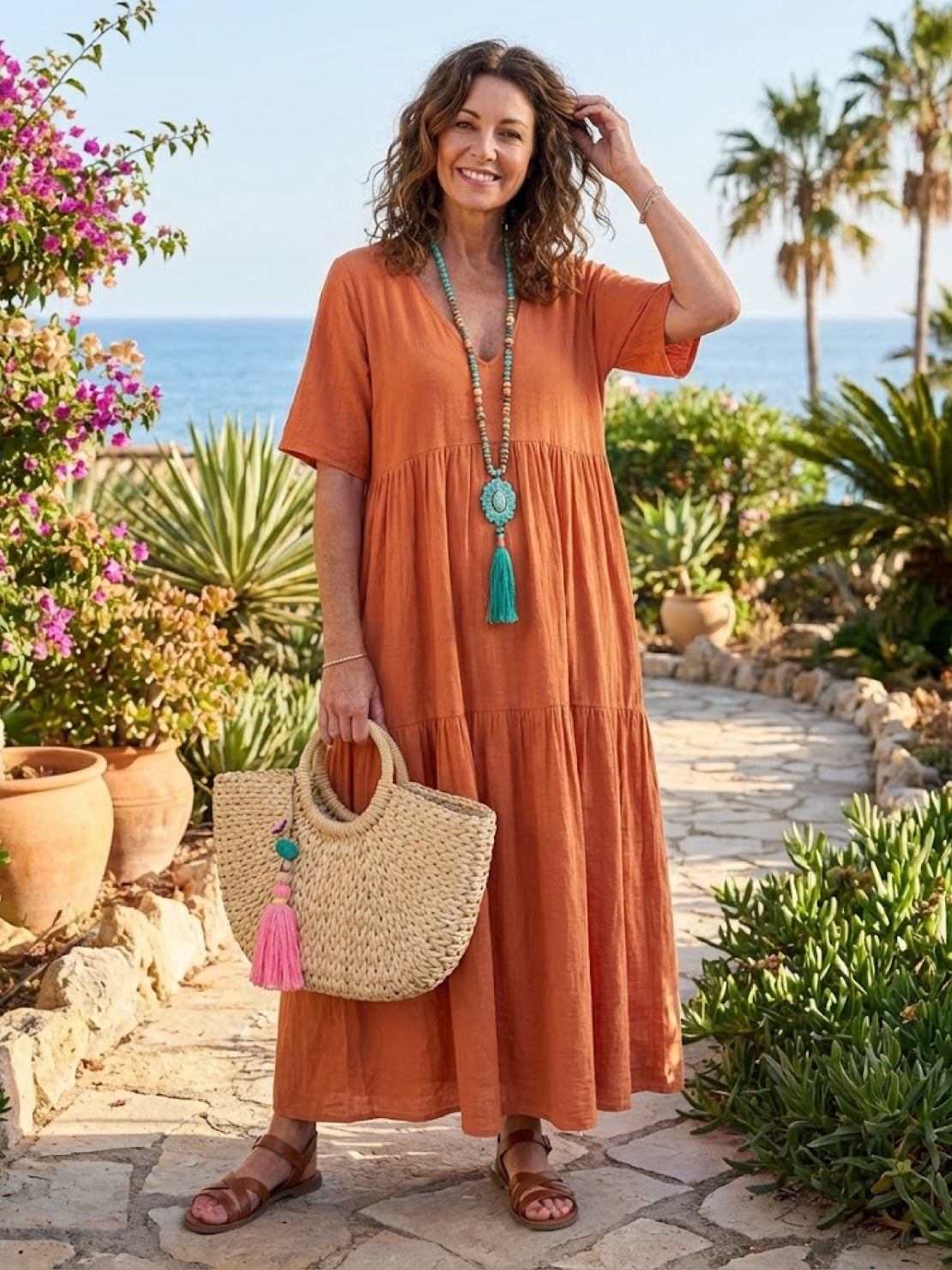 Paula | Women’s Vintage V Neck Tiered Maxi Dress