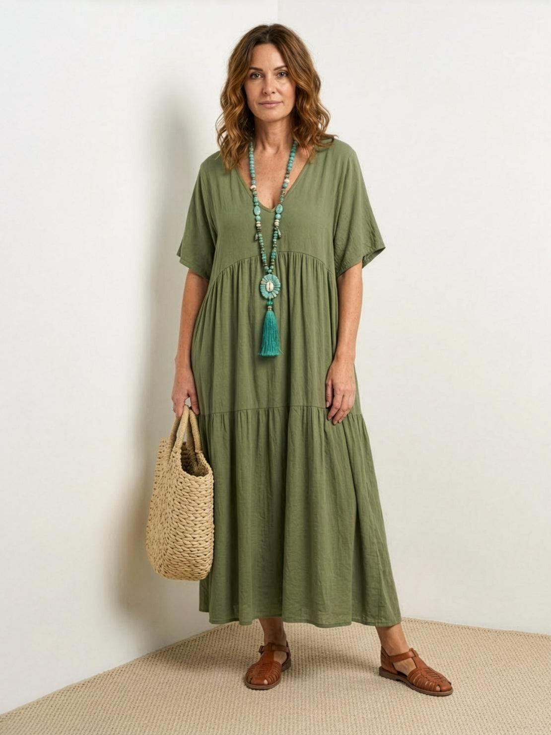 Paula | Women’s Vintage V Neck Tiered Maxi Dress