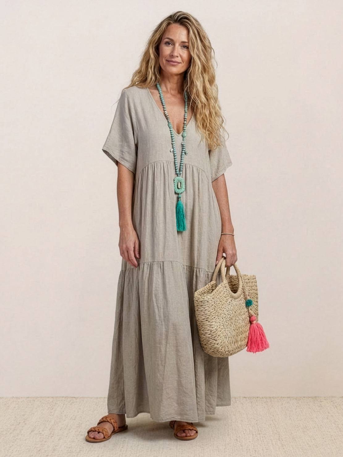 Paula | Women’s Vintage V Neck Tiered Maxi Dress