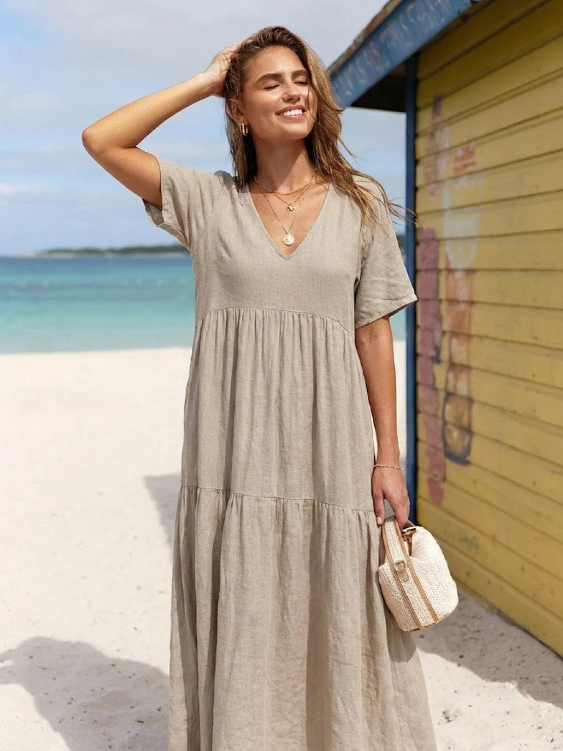 Paula | Women’s Vintage V Neck Tiered Maxi Dress