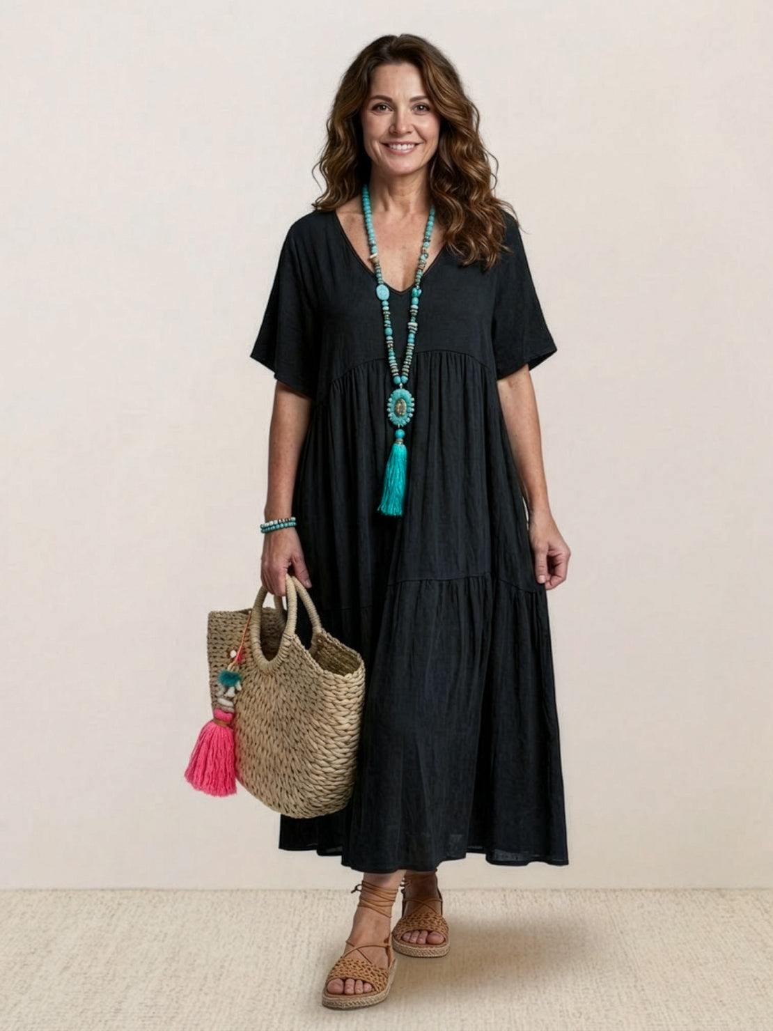 Paula | Women’s Vintage V Neck Tiered Maxi Dress