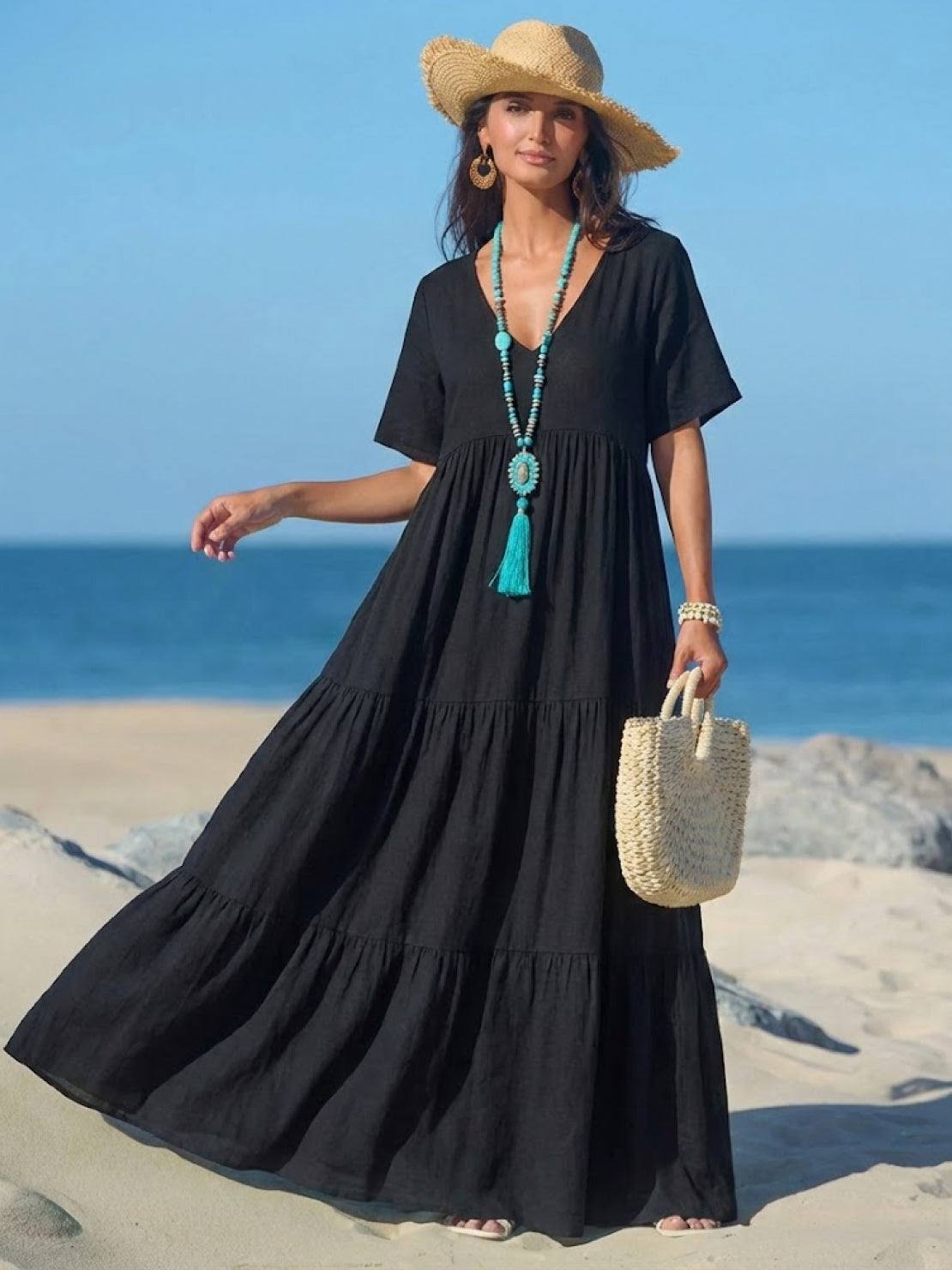 Paula | Women’s Vintage V Neck Tiered Maxi Dress
