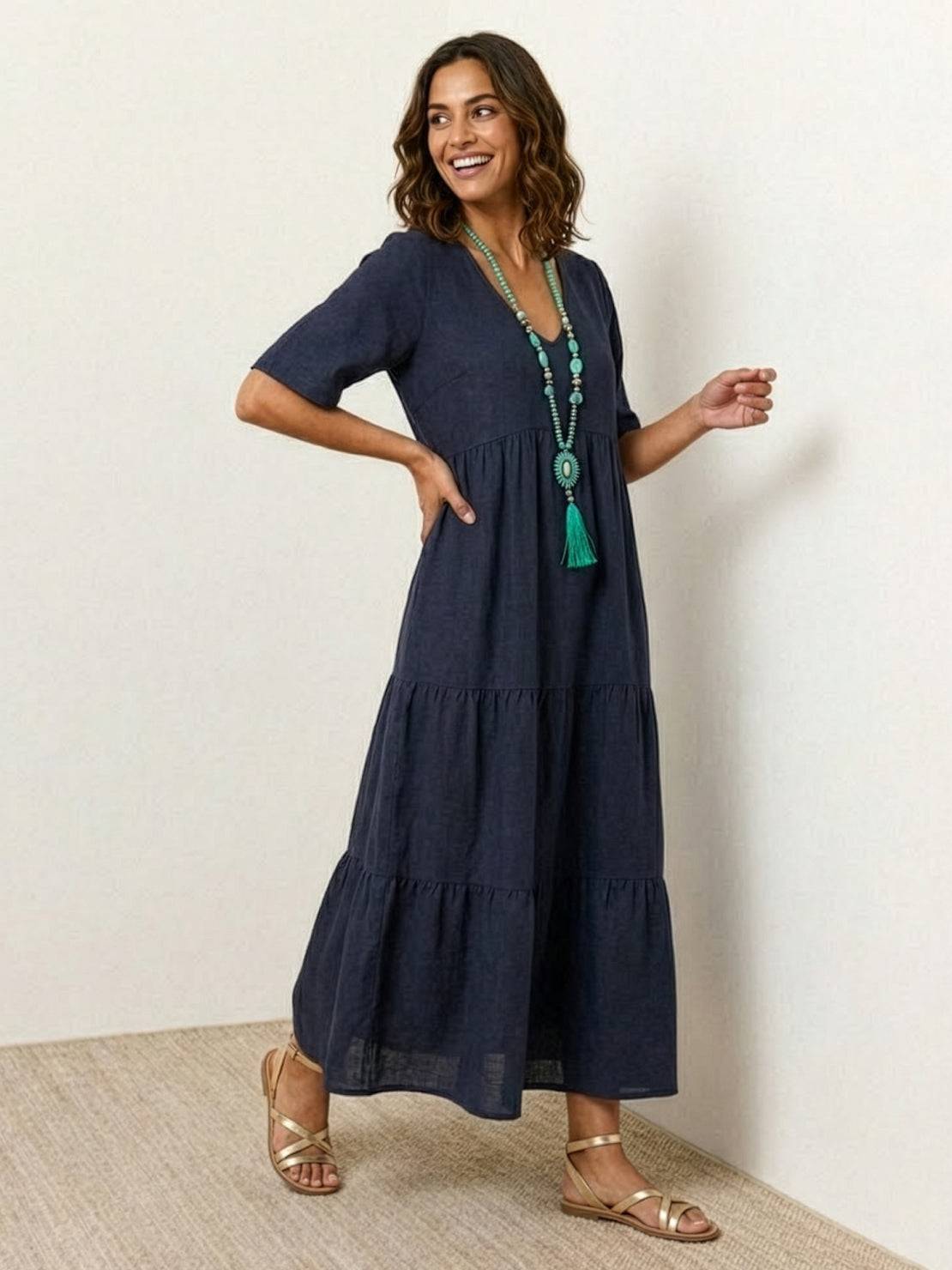 Paula | Women’s Vintage V Neck Tiered Maxi Dress