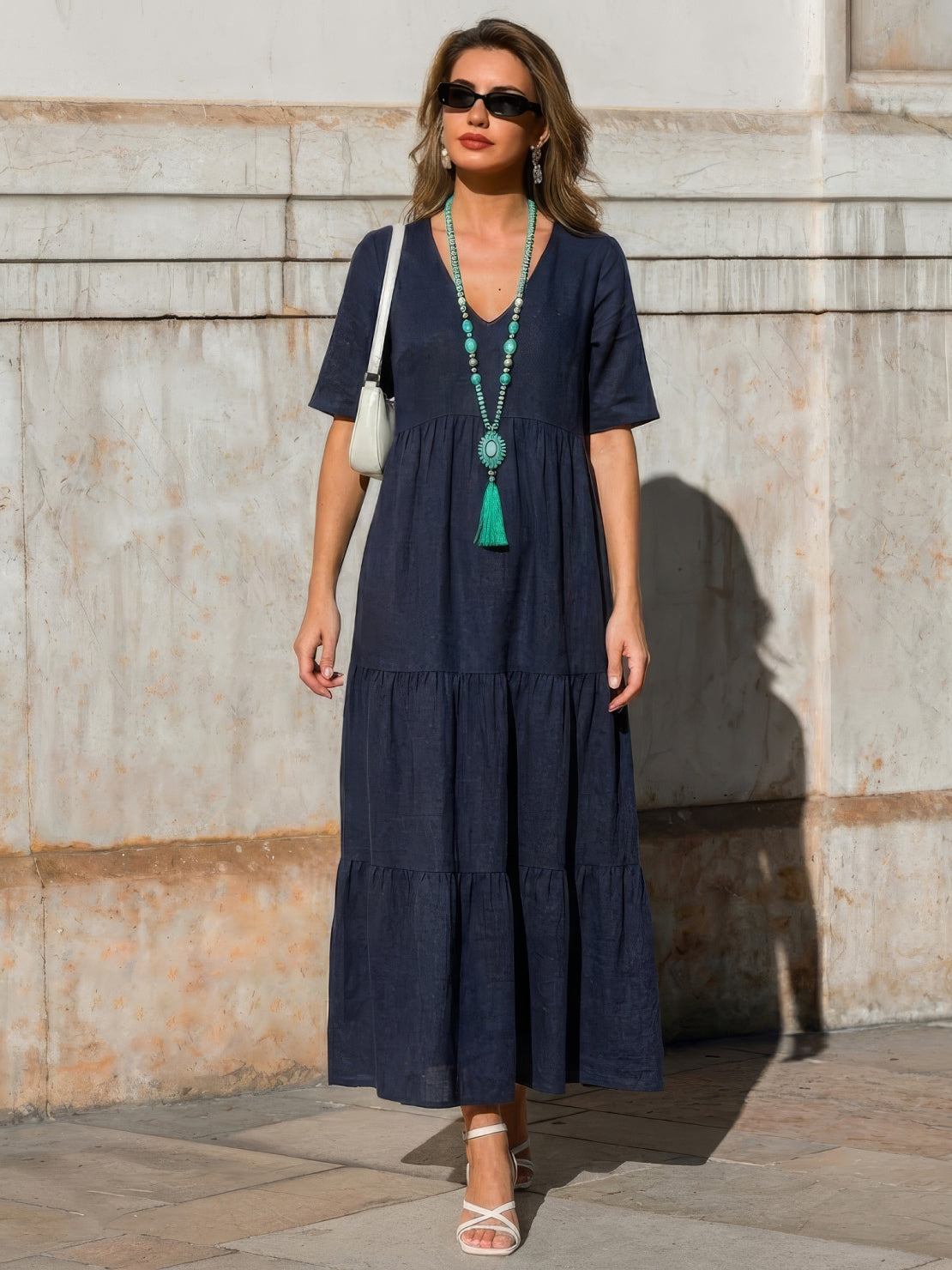 Paula | Women’s Vintage V Neck Tiered Maxi Dress