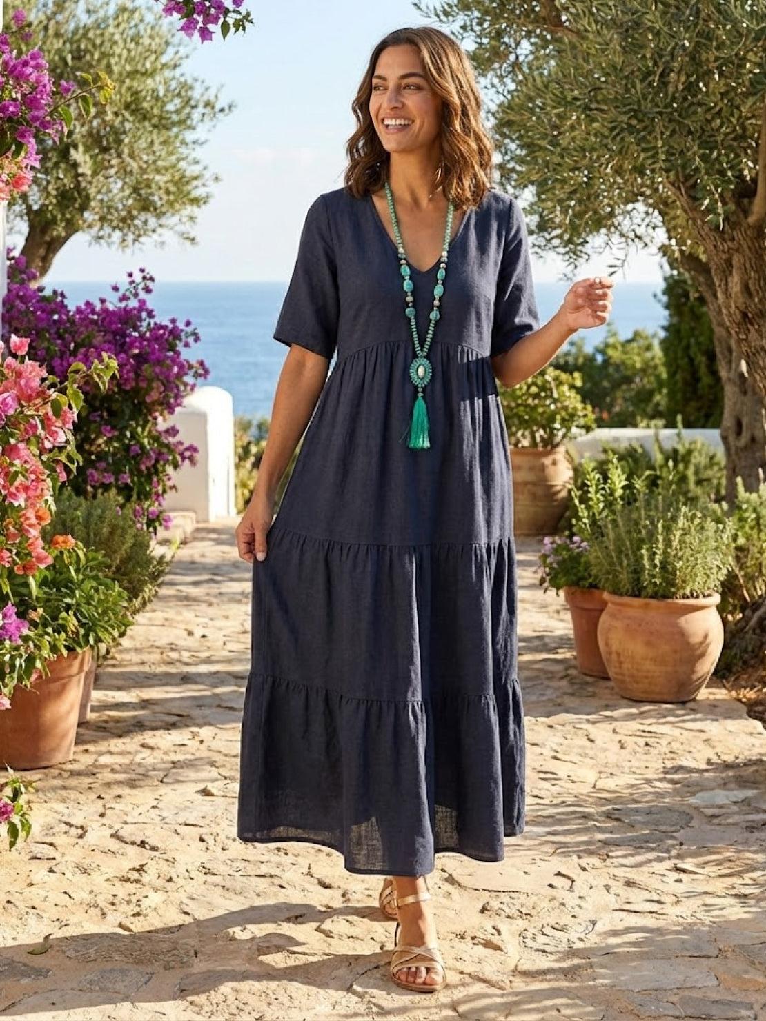 Paula | Women’s Vintage V Neck Tiered Maxi Dress