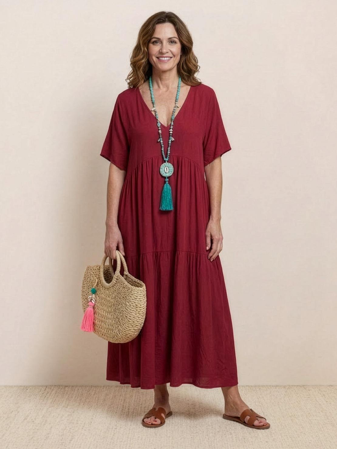 Paula | Women’s Vintage V Neck Tiered Maxi Dress