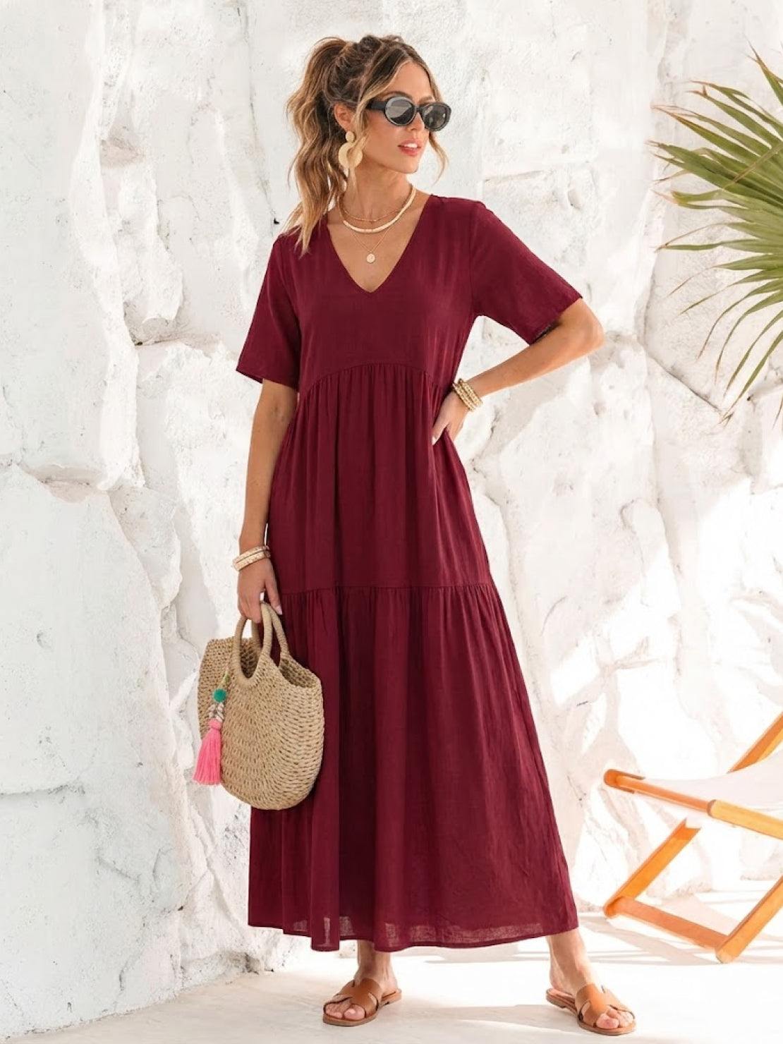 Paula | Women’s Vintage V Neck Tiered Maxi Dress