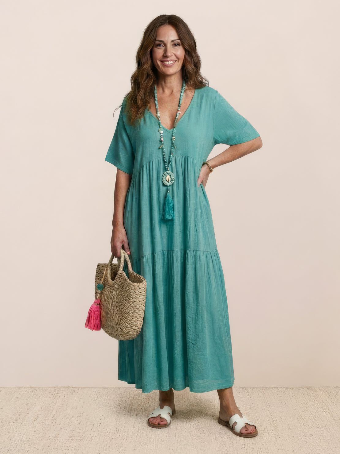 Paula | Women’s Vintage V Neck Tiered Maxi Dress