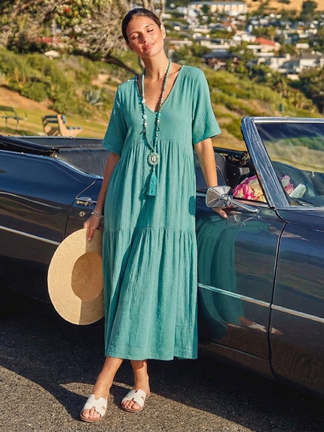 Paula | Women’s Vintage V Neck Tiered Maxi Dress