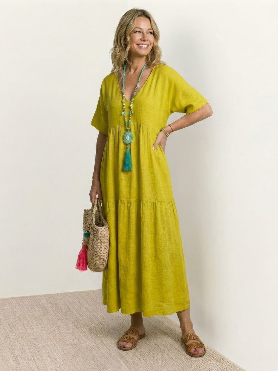 Paula | Women’s Vintage V Neck Tiered Maxi Dress