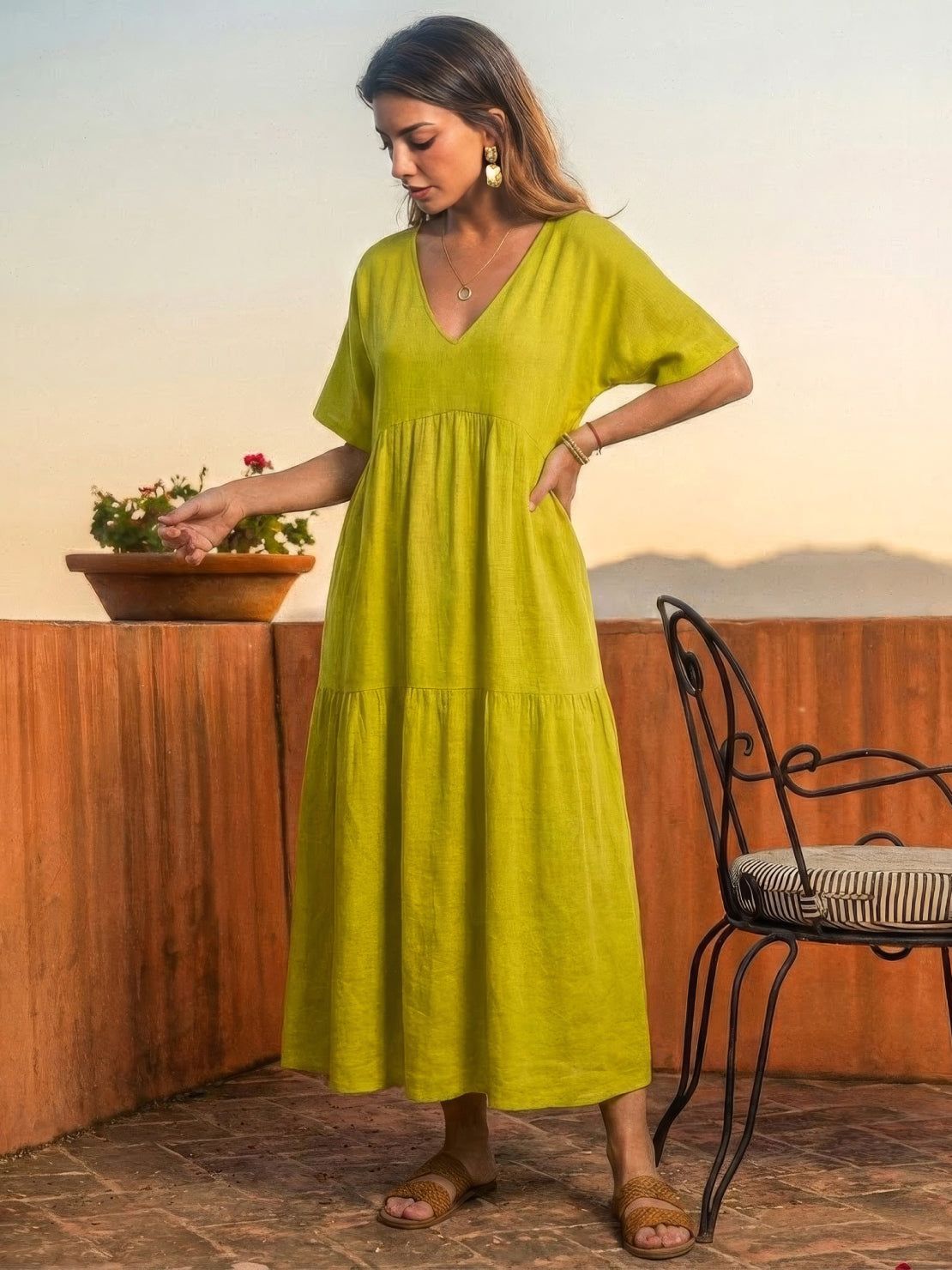 Paula | Women’s Vintage V Neck Tiered Maxi Dress