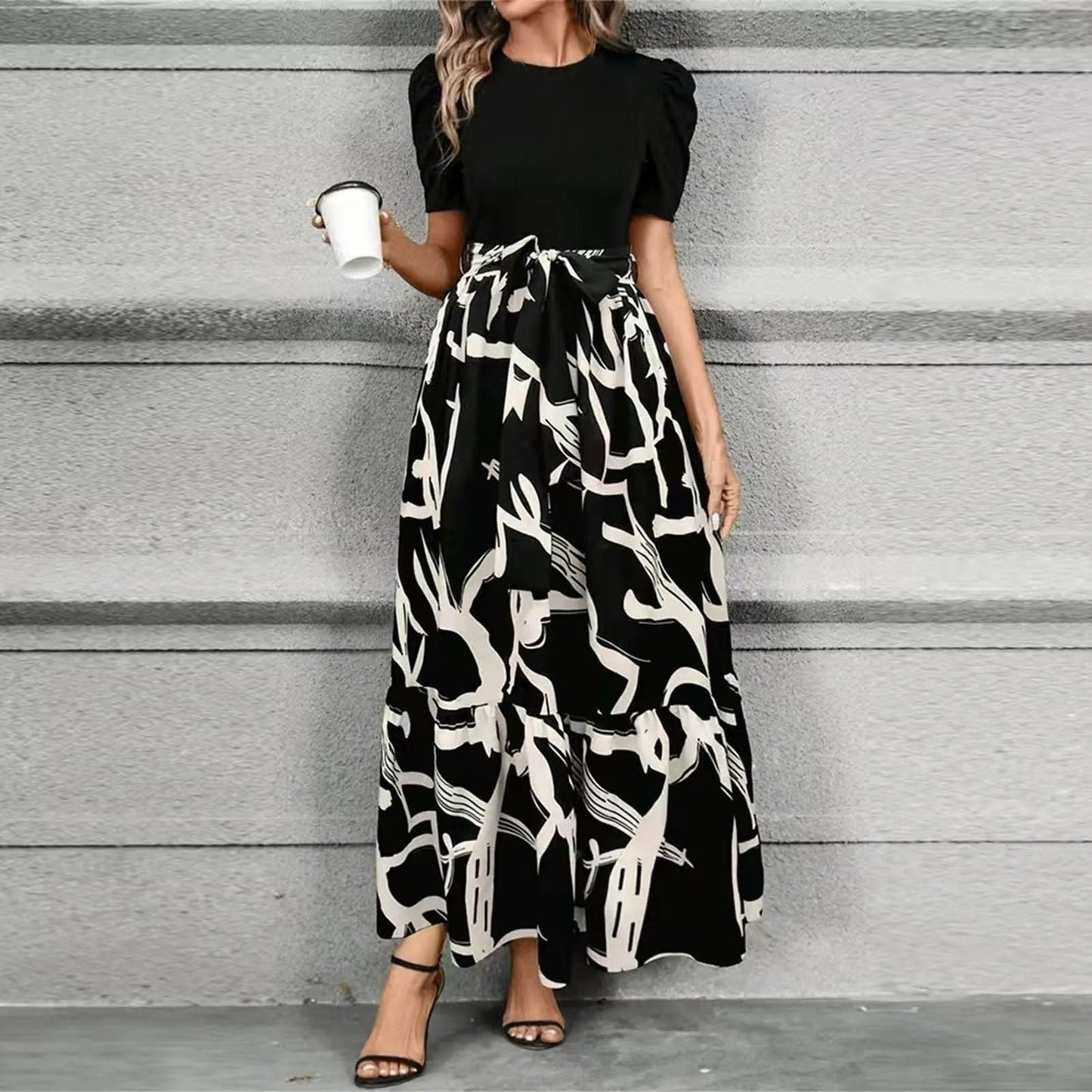 Joy | Women's Puff Sleeve Floral Maxi Dress with Tie Waist