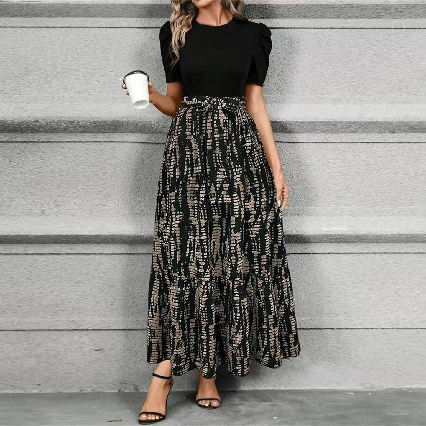 Joy | Women's Puff Sleeve Floral Maxi Dress with Tie Waist
