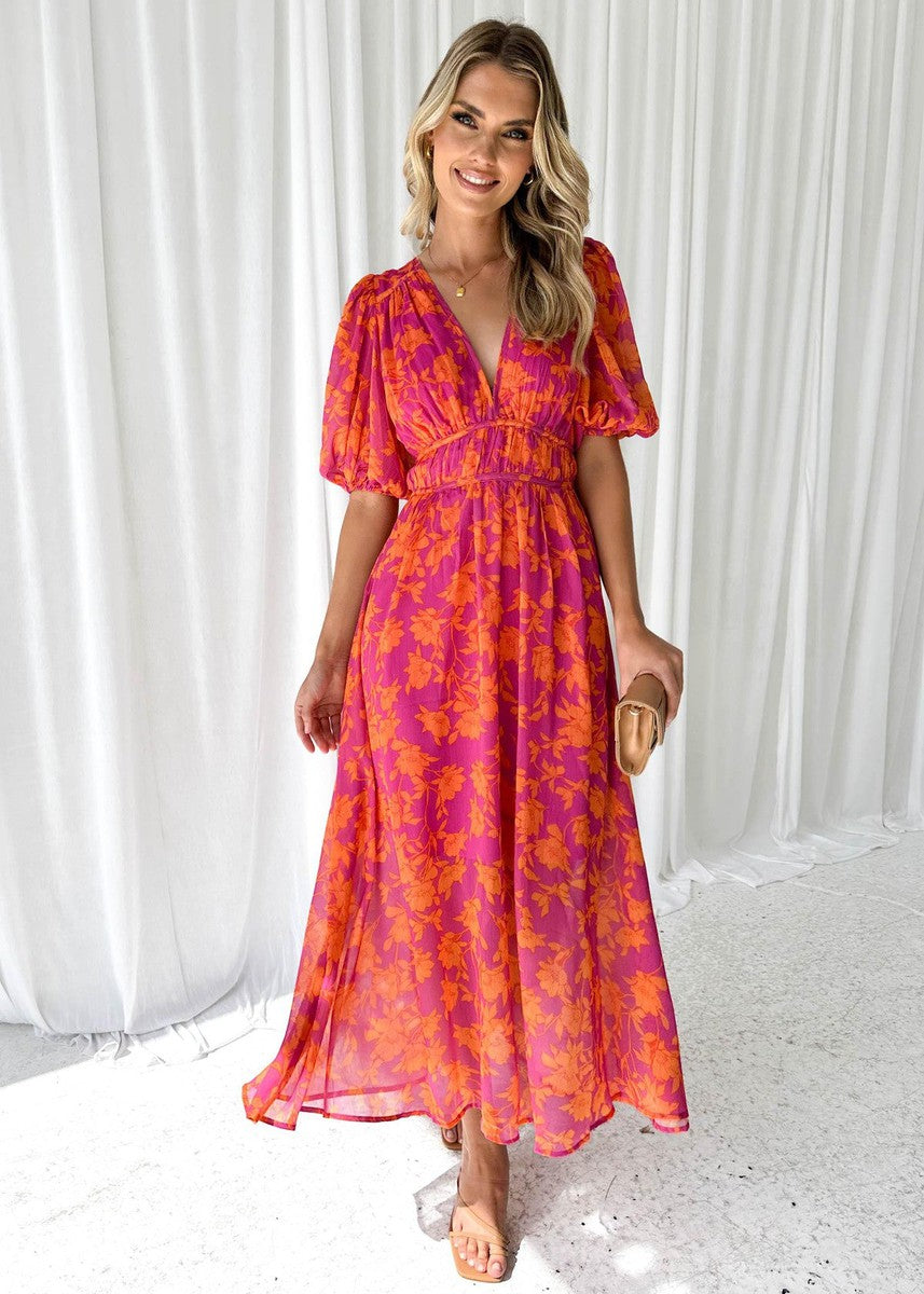 Chloe | Orange and Pink Floral V Neck Maxi Wedding Guest Dress