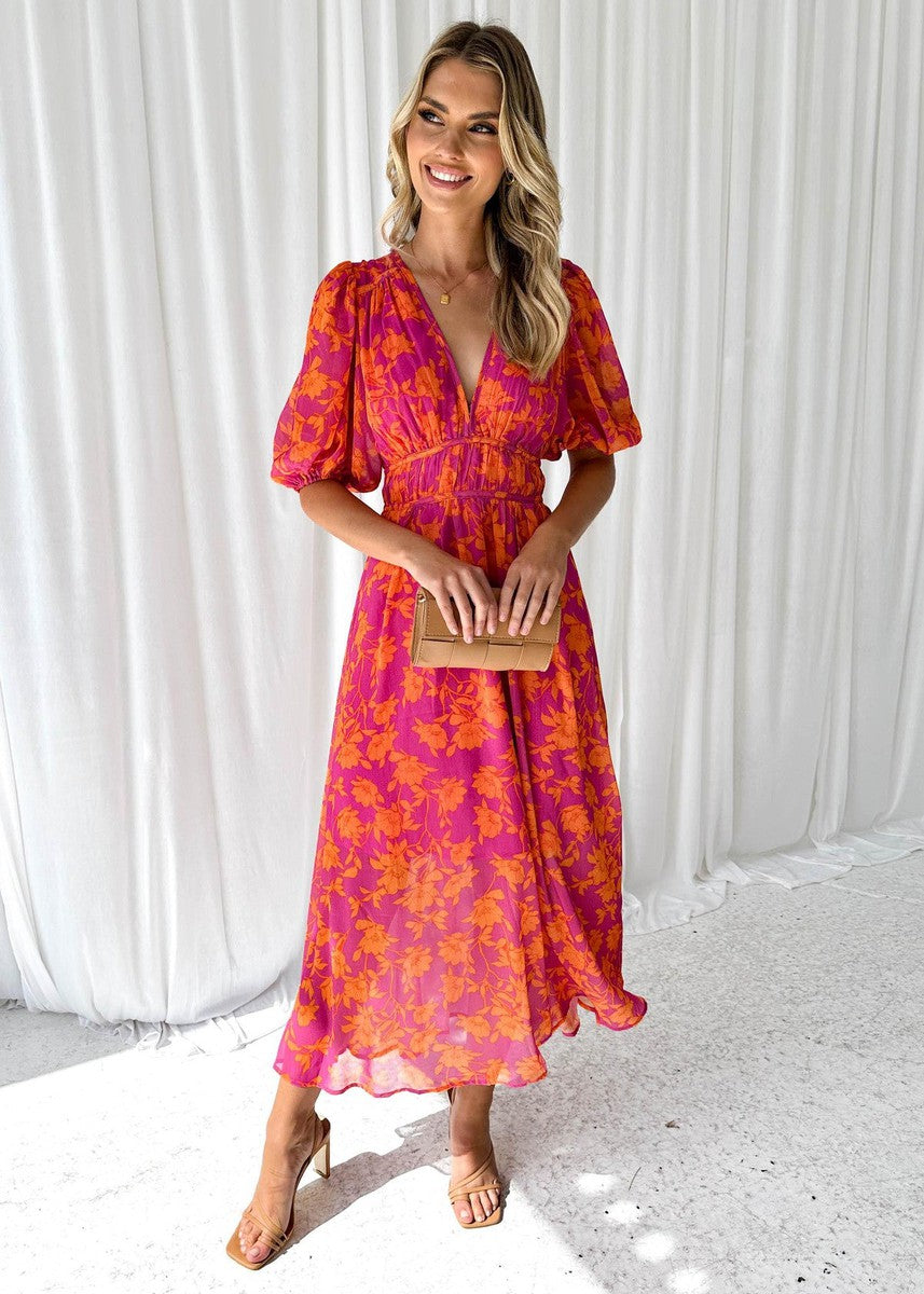 Chloe | Orange and Pink Floral V Neck Maxi Wedding Guest Dress
