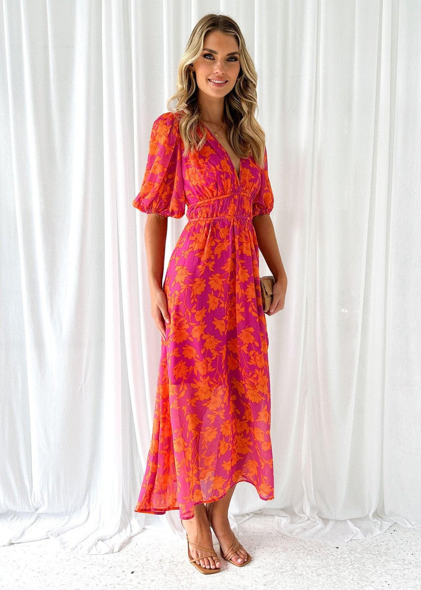 Chloe | Orange and Pink Floral V Neck Maxi Wedding Guest Dress