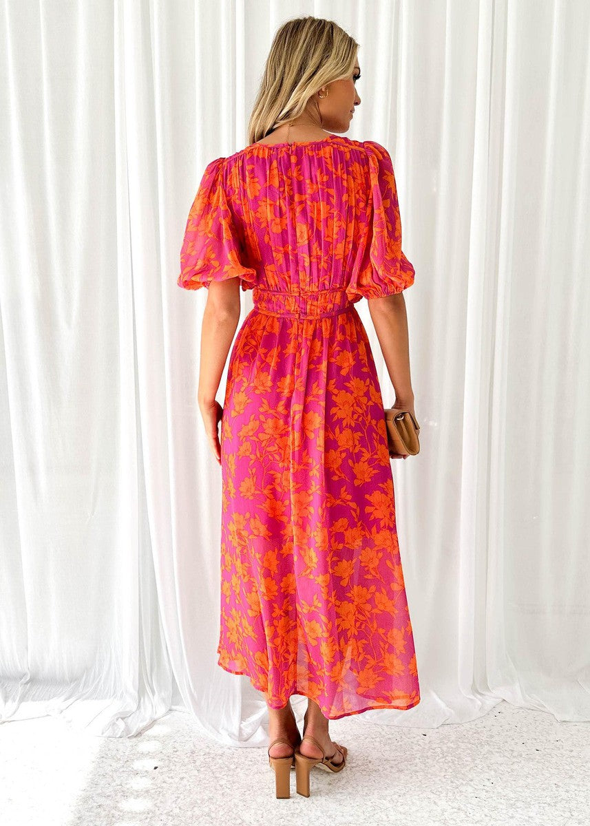 Chloe | Orange and Pink Floral V Neck Maxi Wedding Guest Dress