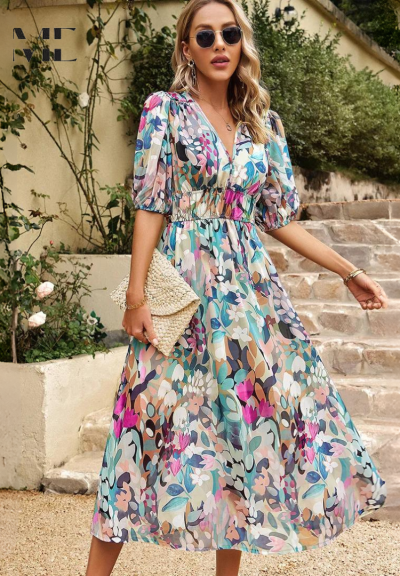Giana | Floral V Neck Midi Wedding Guest Dress