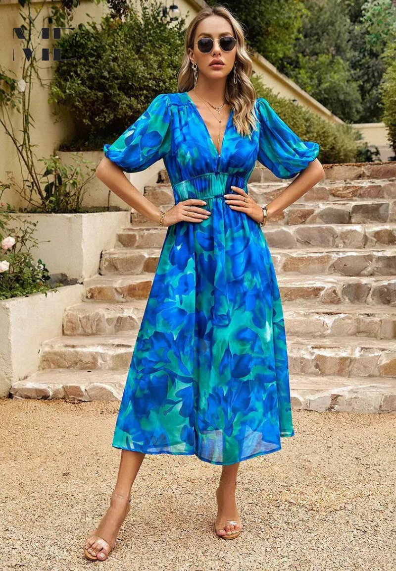 Giana | Floral V Neck Midi Wedding Guest Dress