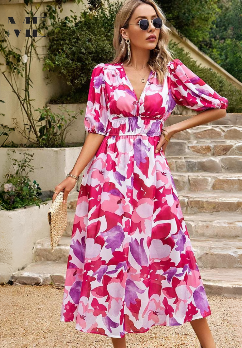 Giana | Floral V Neck Midi Wedding Guest Dress