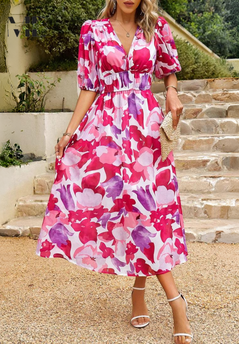 Giana | Floral V Neck Midi Wedding Guest Dress