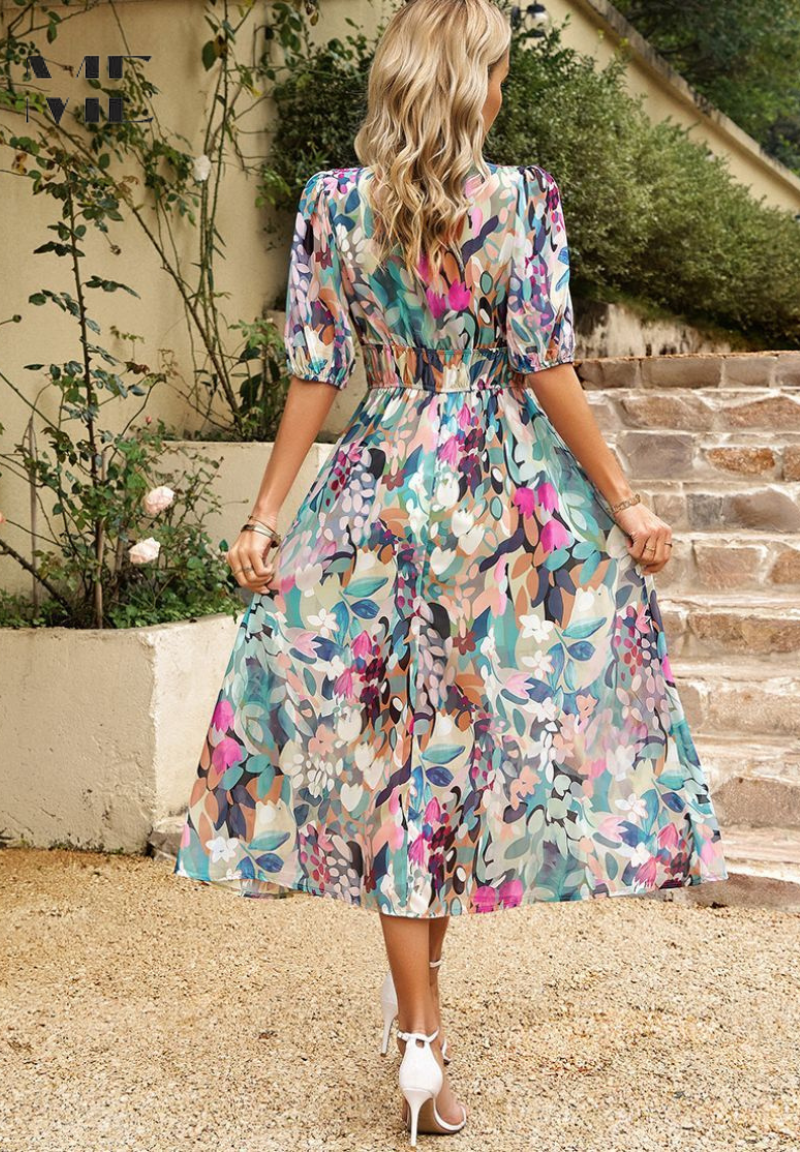 Giana | Floral V Neck Midi Wedding Guest Dress