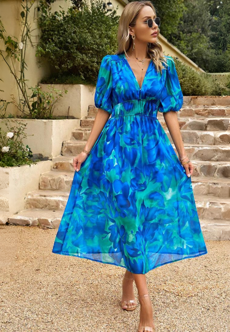 Giana | Floral V Neck Midi Wedding Guest Dress