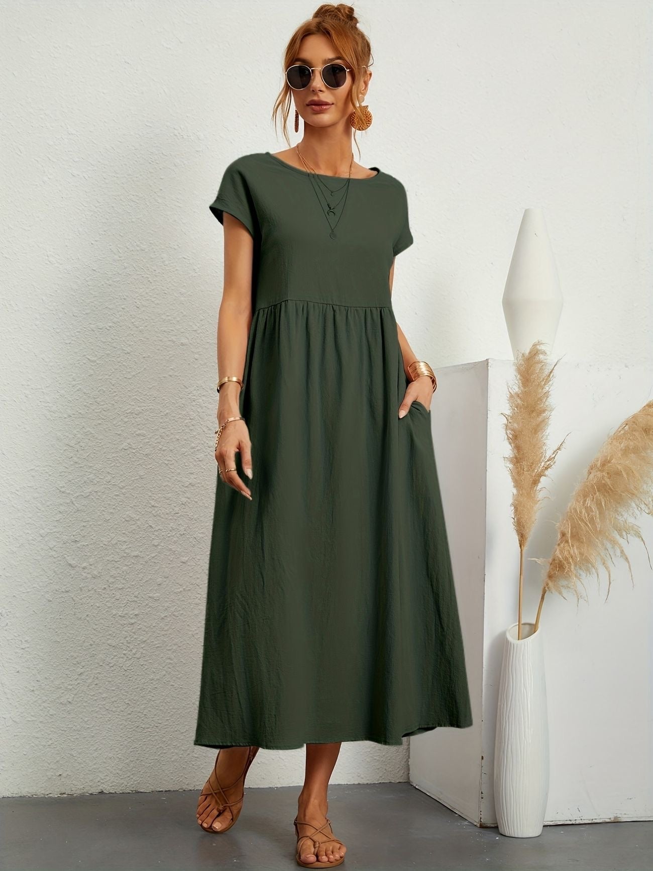 Noor | Women's Short Sleeve Loose Midi Pocket Dress