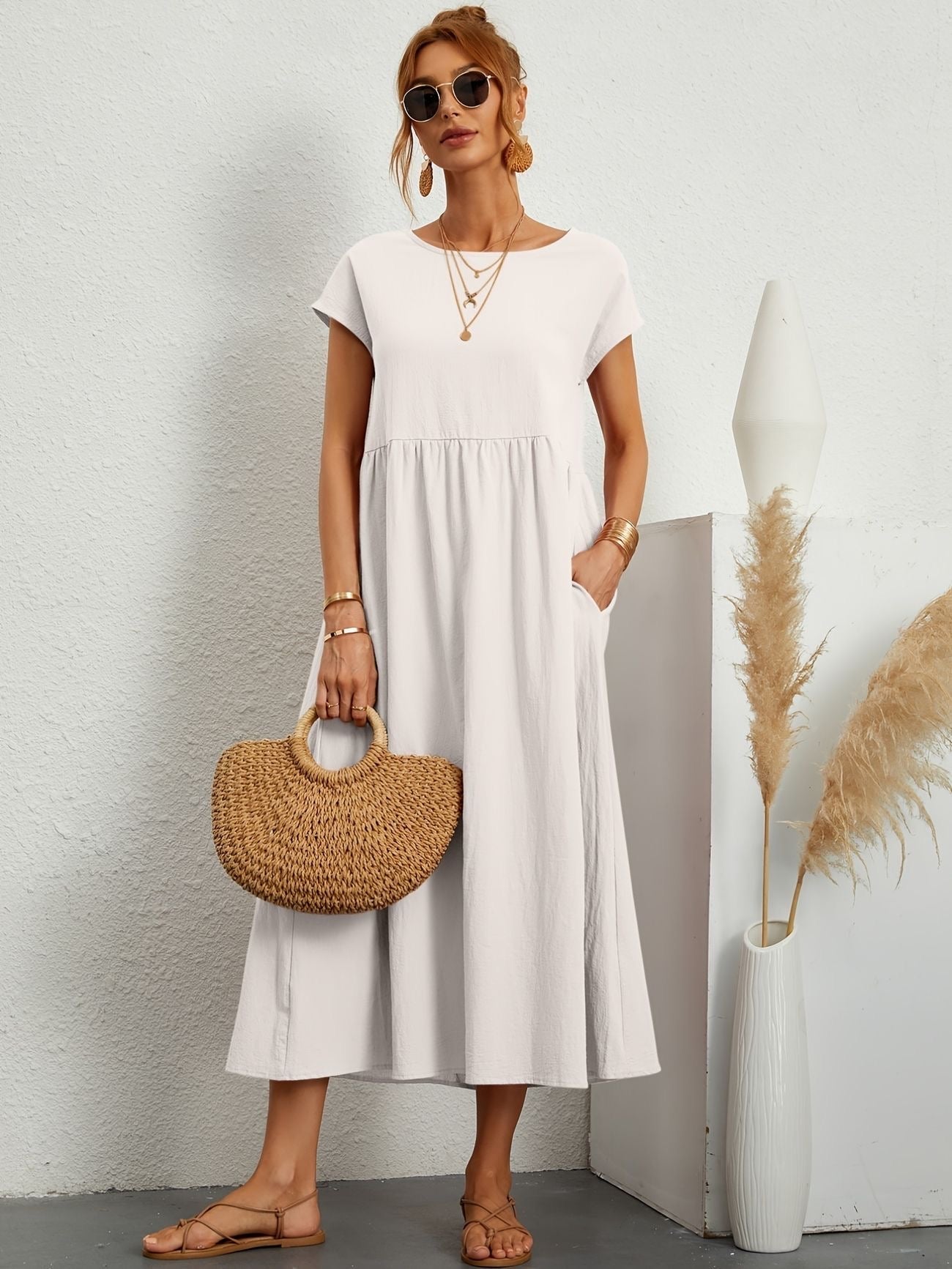 Noor | Women's Short Sleeve Loose Midi Pocket Dress