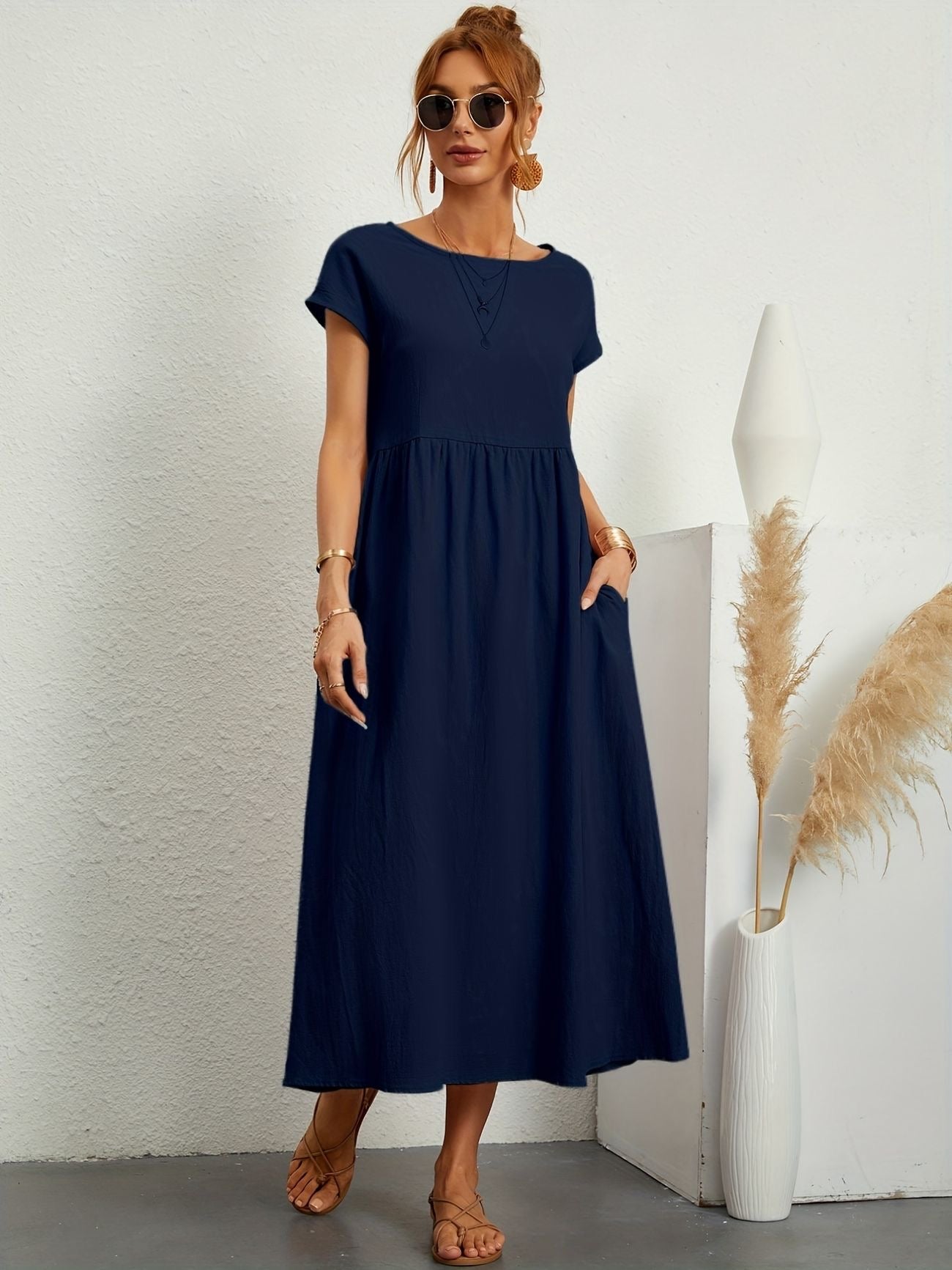 Noor | Women's Short Sleeve Loose Midi Pocket Dress
