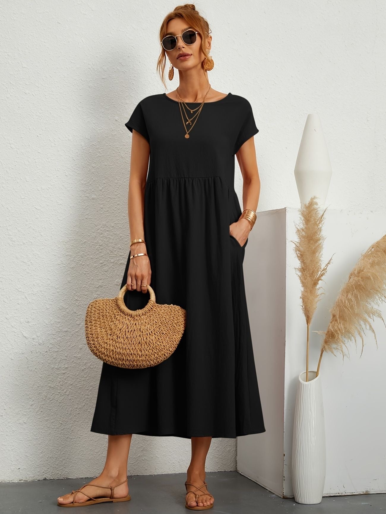 Noor | Women's Short Sleeve Loose Midi Pocket Dress