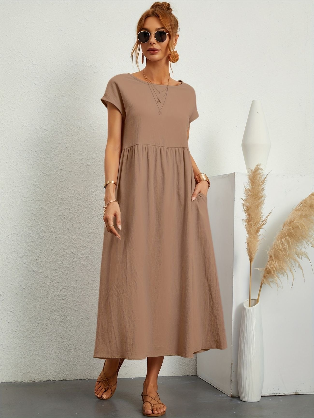 Noor | Women's Short Sleeve Loose Midi Pocket Dress