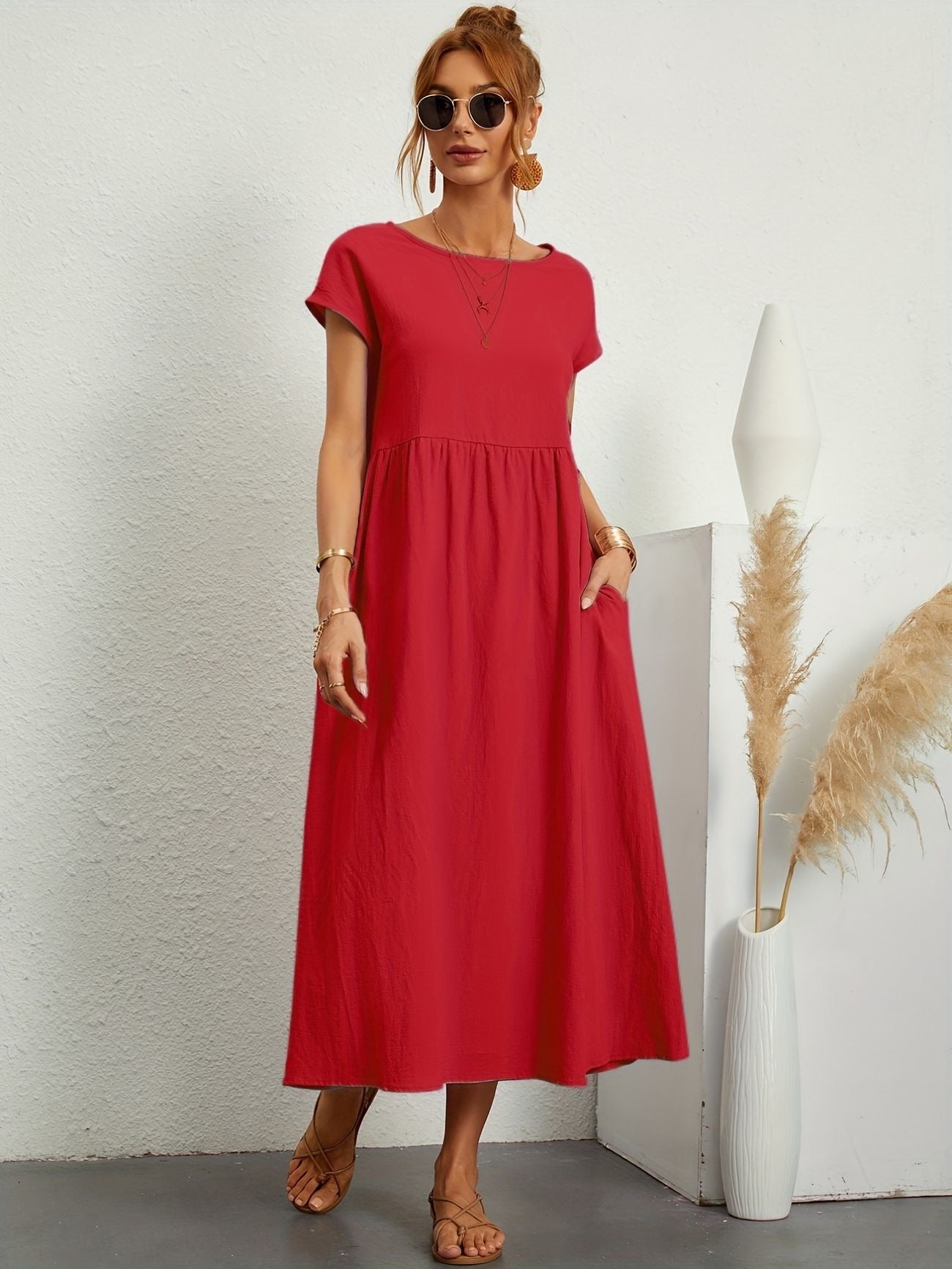 Noor | Women's Short Sleeve Loose Midi Pocket Dress