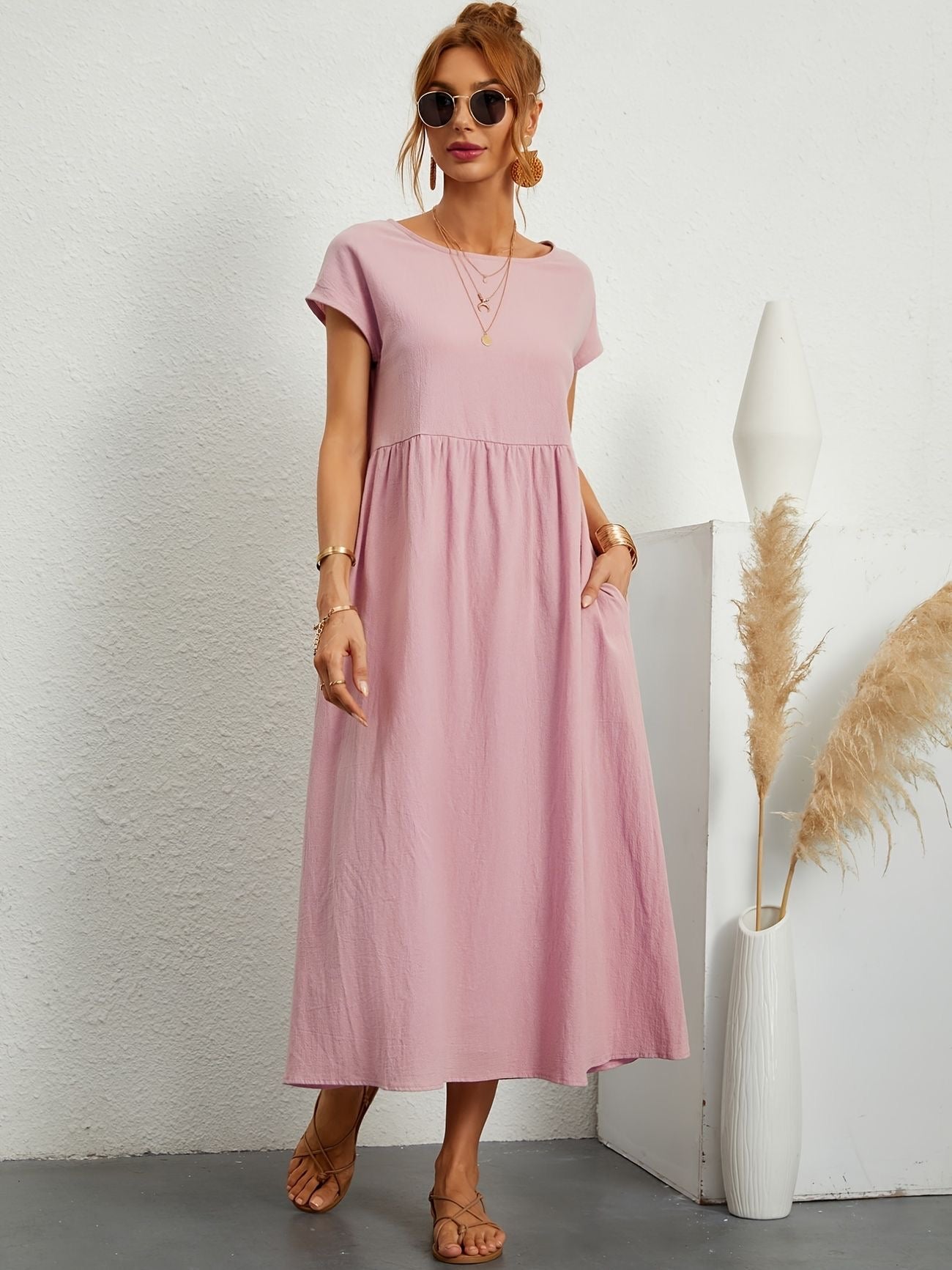 Noor | Women's Short Sleeve Loose Midi Pocket Dress