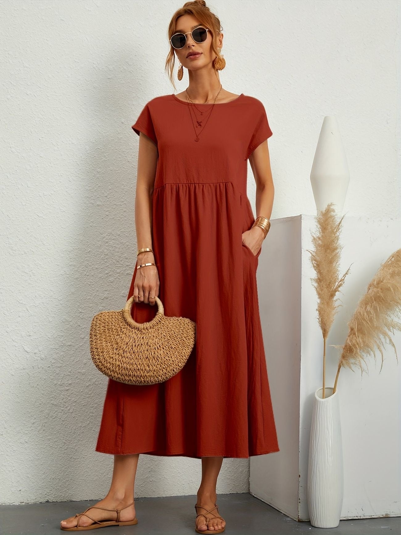 Noor | Women's Short Sleeve Loose Midi Pocket Dress