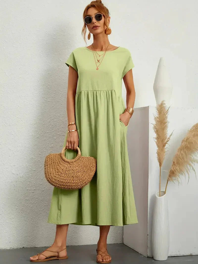 Noor | Women's Short Sleeve Loose Midi Pocket Dress