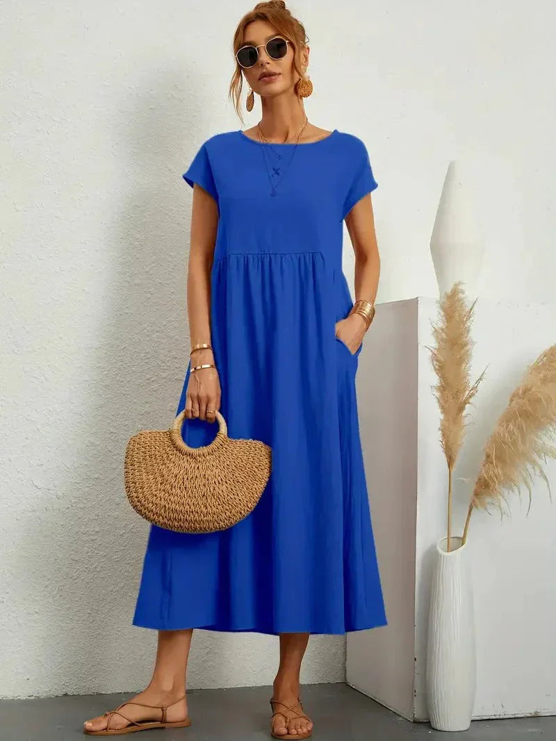Noor | Women's Short Sleeve Loose Midi Pocket Dress