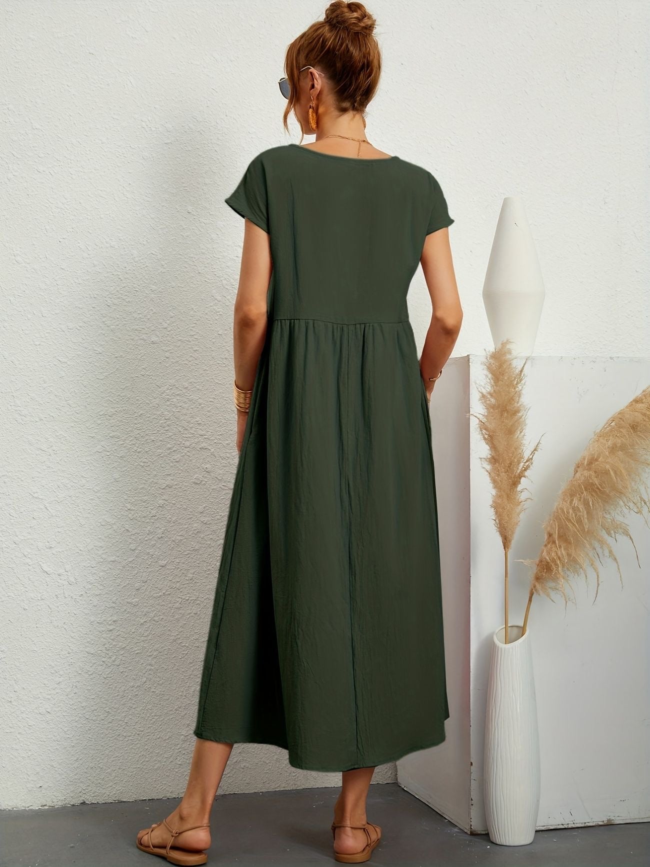 Noor | Women's Short Sleeve Loose Midi Pocket Dress