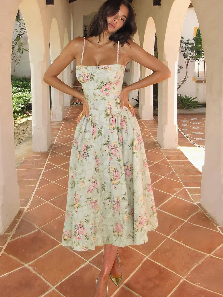 Elodie | Women's Light Green Floral Strap Midi Wedding Guest Dress