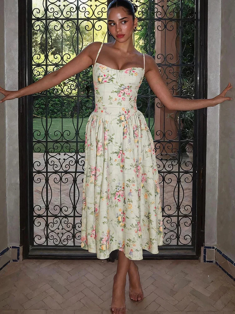Elodie | Women's Light Green Floral Strap Midi Wedding Guest Dress