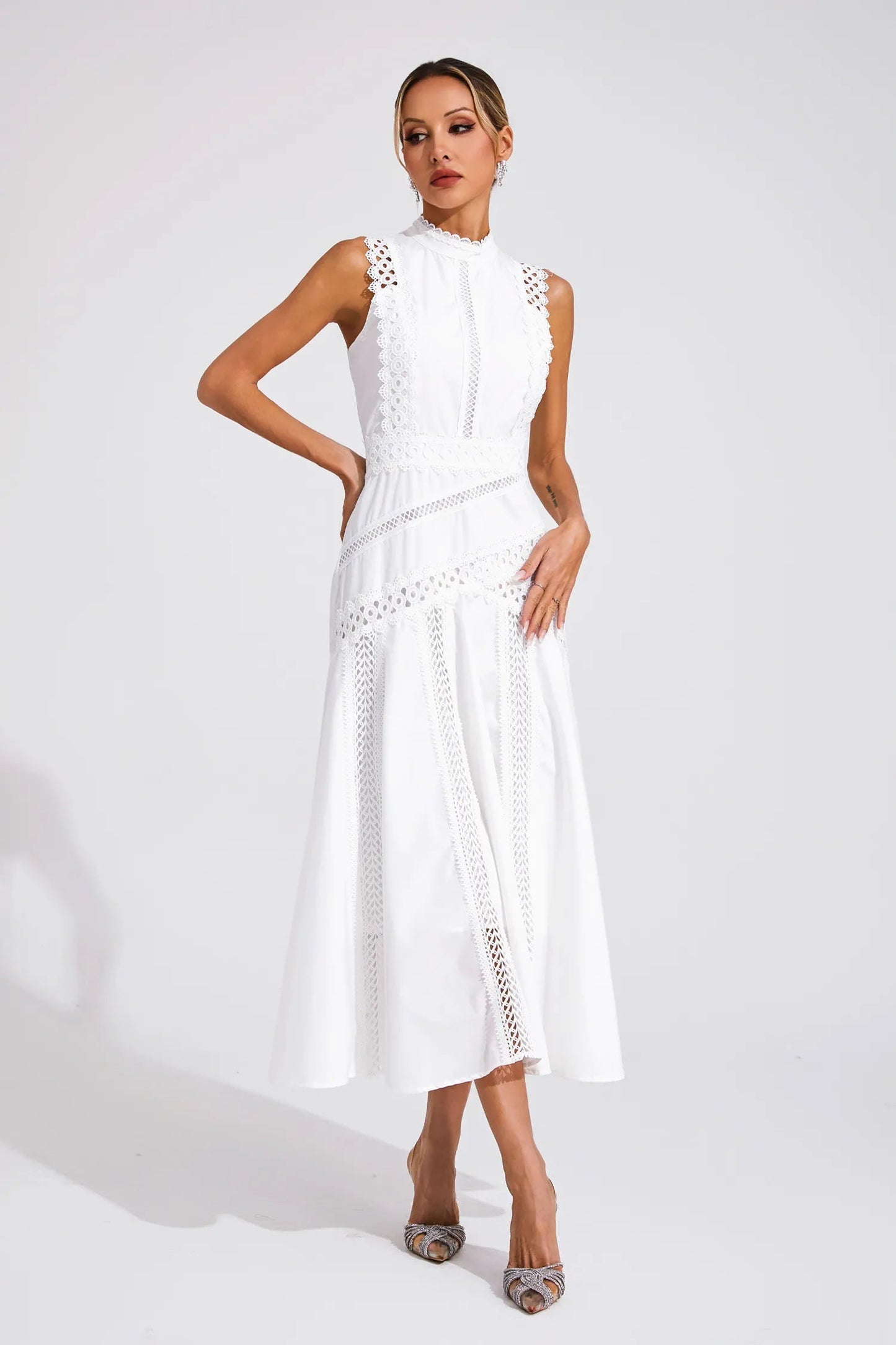 Lyra | Women's Sleeveless Lace Midi Wedding Guest Dress
