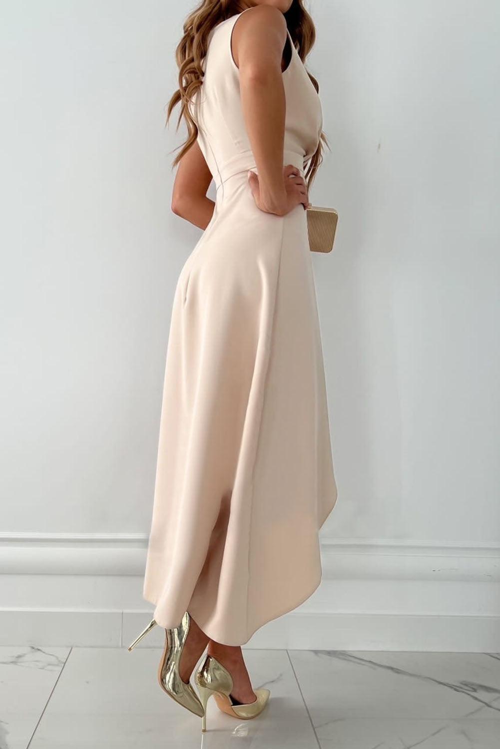 Keira | Women's Beige Sleeveless Asymmetric Midi Wedding Guest Dress