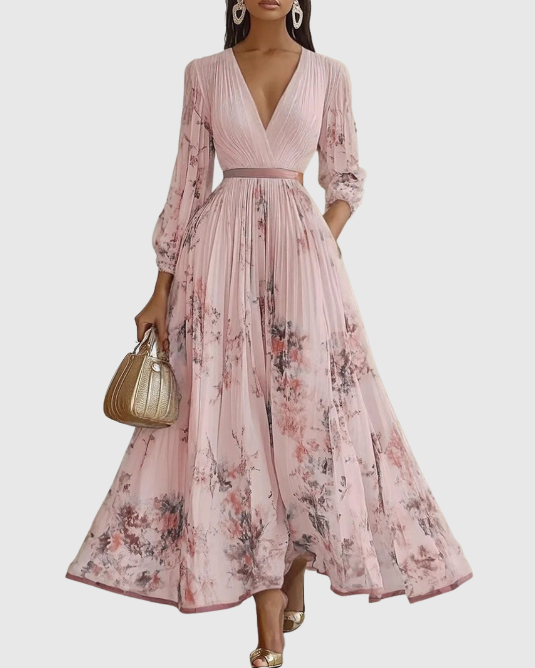 Louisa | V-Neck A-Line Midi Floral Pleated Dress