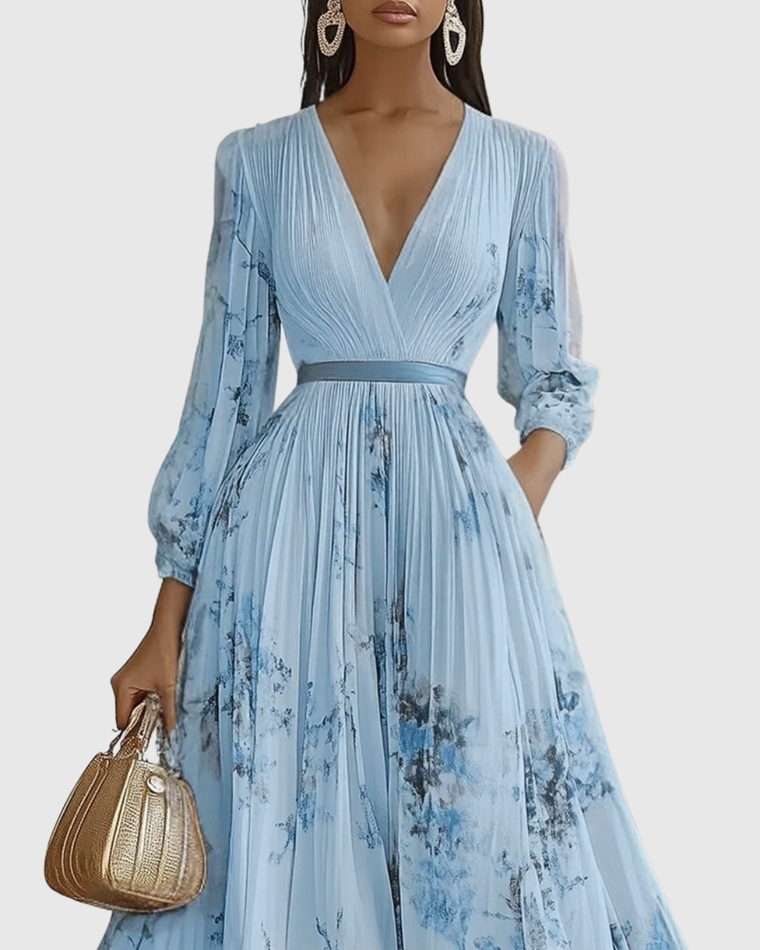 Louisa | V-Neck A-Line Midi Floral Pleated Dress