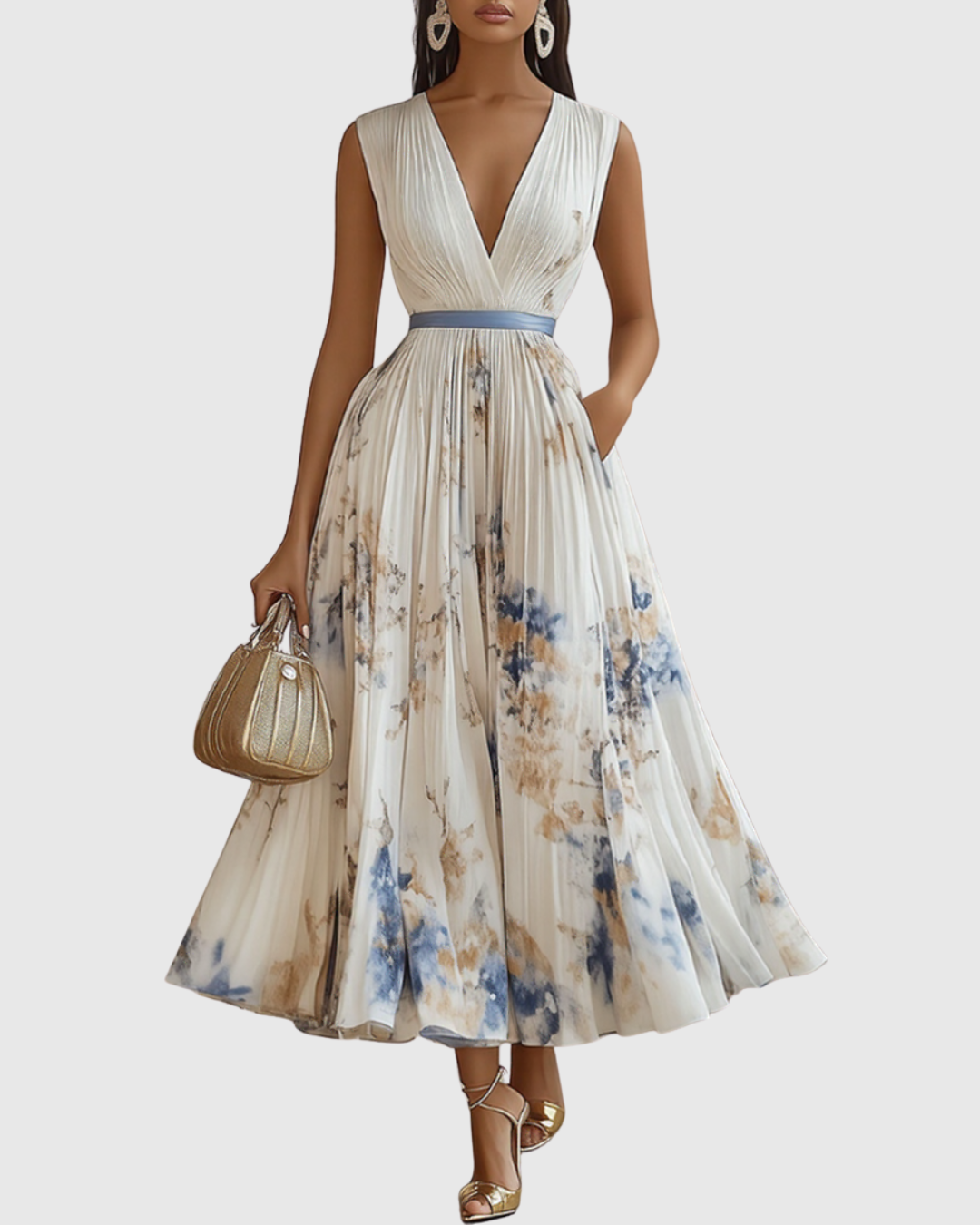 Louisa | V-Neck A-Line Midi Floral Pleated Dress