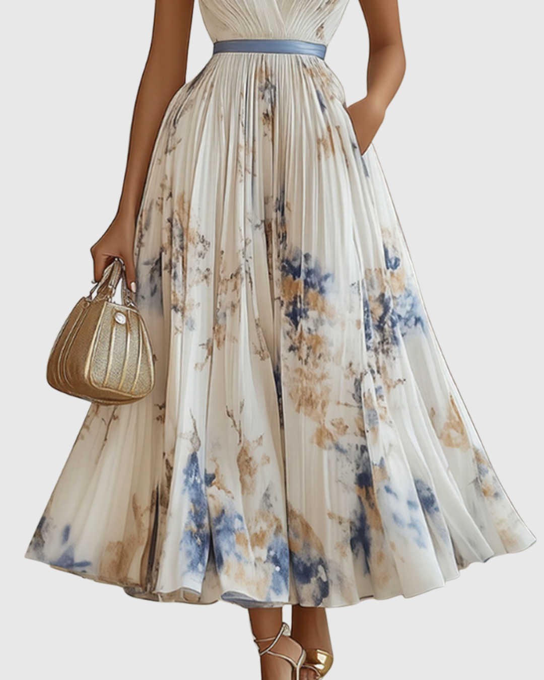 Louisa | V-Neck A-Line Midi Floral Pleated Dress